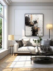 Modern living room with natural light. Comfortable sofa and abstract wall art.