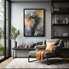 Modern, stylish living room with wall art and tall bookshelf. Beautifully decorated in grey, yellow and black.