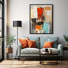 Modern living room in blue, grey and orange accents and wall art. Sleek interior design.