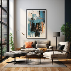 Modern living room in grey, blue and orange accents. Sleek interior design with abstract wall art.