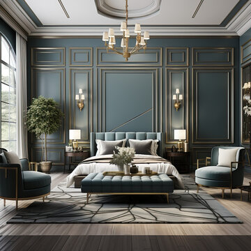 Luxurious large bedroom inspired by neoclassical architecture. Beautiful, rich colors of green, gold and white. Space for art.