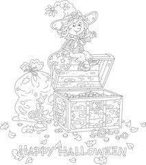 coloring bHappy little witch with a burning candle checking a safety of her priceless treasures and gold coins in an old wooden chest in her dusty storeroom, black and white vector cartoook with mouse