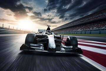 Fototapeta premium Formula 1 car on the track while driving, front view. generative ai 