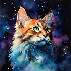 A Watercolor of a Cat on a Space Background