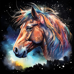 Obraz na płótnie Canvas A Watercolor of a Horse on a Space Background