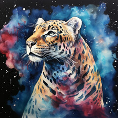 A Watercolor of a Jaguar on a Space Background