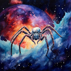 A Watercolor of a Spider on a Space Background