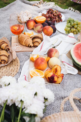 Hygge picnic in the park on the blanket with aperitif and food. Birthday celebration outdoors. Food and glass of aperol in the park