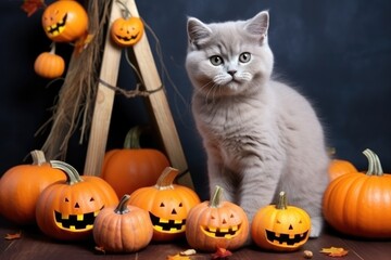 Cat plays near pumpkins on gray background on Halloween