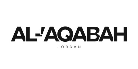 Al Aqabah in the Jordan emblem. The design features a geometric style, vector illustration with bold typography in a modern font. The graphic slogan lettering.