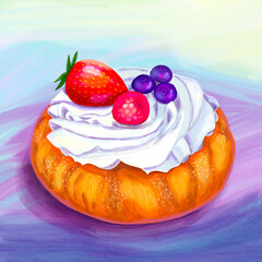 Sweet cake with berries, hand drawn illustration of dessert, oil and watercolor art imitation, donut with whipped cream.