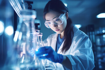 Asian female scientist holding a test tube with a solution in gloves in a research lab or doing chemical experiments. generative ai