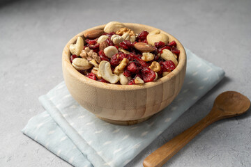 Mix of nuts cashews, almonds, hazelnuts with dried cranberries.