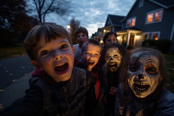 Young diverse group of kids trick or treating in the suburbs of a city during halloween at night