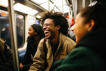Young diverse and mixed group of students smiling and laughing while going to school on a subway in...