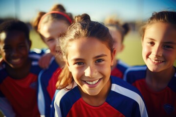 Diverse and mixed group of young female soccer players smiling and posing for a team photo on the...