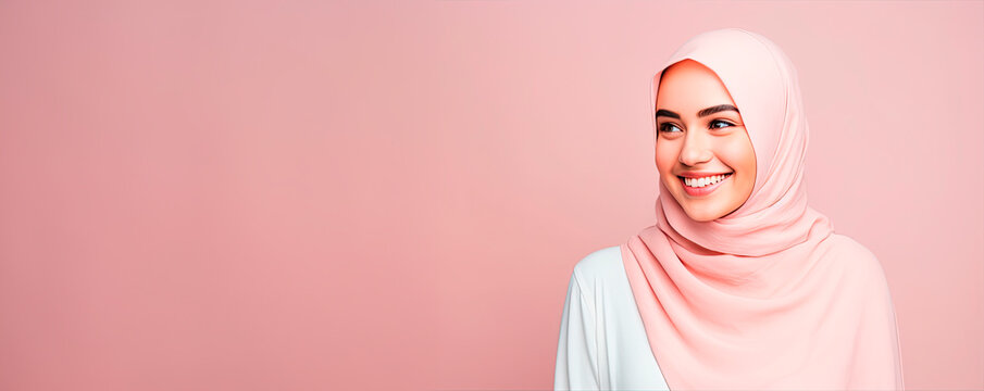 Young Woman In Hijab On Pastel Background