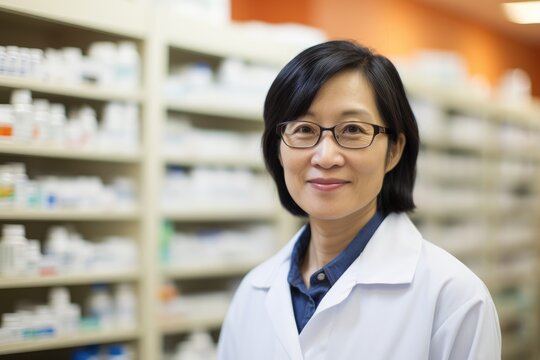 Smiling Young Female Asian Pharmacist Looking At Camera In A Pharmacy