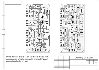 Vector printed circuit board of an electronic 
device with components of radio elements, 
conductors and contact pads placed on it. 
Engineering drawing with grid.