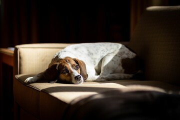 Adorable beagle dog lounging on a comfortable sofa, enjoying a leisurely afternoon