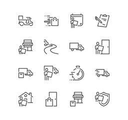 Set of food and package delivery related icons, ordering, leave at door, delivery, shipping, logistic and linear variety vectors.