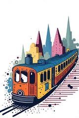 Foto op Canvas Cartoon train moving along city. AI generated illustration © vector_master