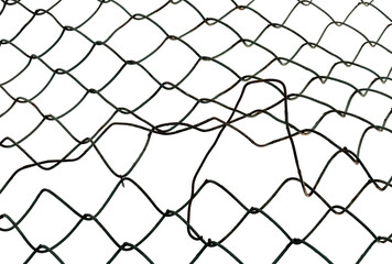 The texture of the metal mesh. Torn, destroyed, broken metal mesh on a white background