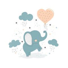Cute little elephant with balloon, hand drawn vector illustration isolated on white background. Children's theme. For design prints, posters, postcards, kids clothes, baby shower invitation card.