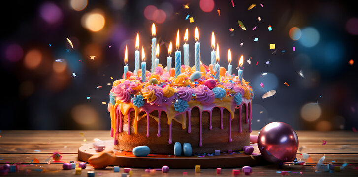 photo birthday cake with colored candles on wooden table 