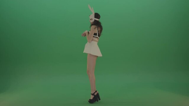 Rotating jumping rabbit dancing go go Girl over Green Screen