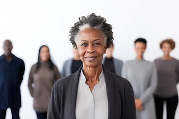 portrait of a black businesswoman with blurry group in the background, ai generated - obrazy, fototapety, plakaty