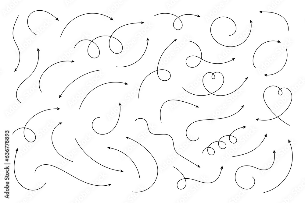 Poster set of vector hand drawn curved arrows. collection of pointers. vector illustration.