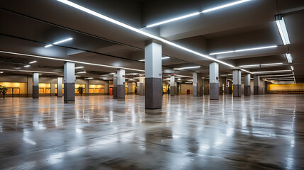 Empty shopping mall underground car park with columns painted in concrete stripe - obrazy, fototapety, plakaty