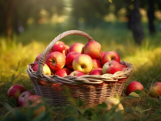 wiklinowy  kosz pełny dojrzałych czerwonych jabłek na tle ogrodu w promieniach słońca. - obrazy, fototapety, plakaty