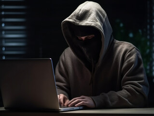 osoba w masce na twarzy w bluzie dresowej w kapturze siedzi przed laptopem przy biurku i pisze na klawiaturze. - obrazy, fototapety, plakaty