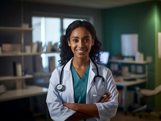 ciemnoskóra kobieta lekarz stoi z założonymi rękami z stetoskopem założonym na szyi na tle gabinetu lekarskiego. - obrazy, fototapety, plakaty
