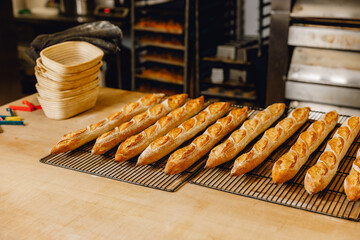 Freshly baked golden crusty baguettes lined up hot from the oven in professional bakers kitchen