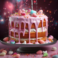 biszkoptowy tort w różowej polewie .lukrowej z posypką oraz ozdobiony kolorowymi cukierkami - obrazy, fototapety, plakaty