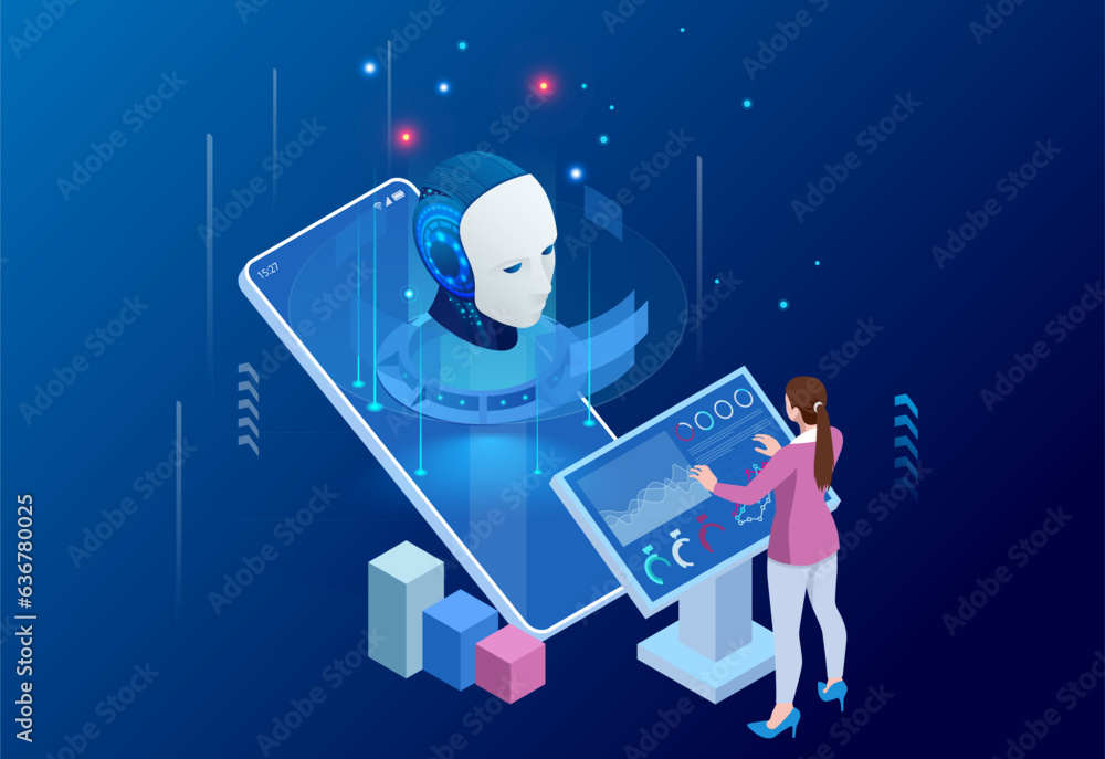 Poster isometric artificial intelligence, knowledge expertise intelligence learn. internet connect chat, ch