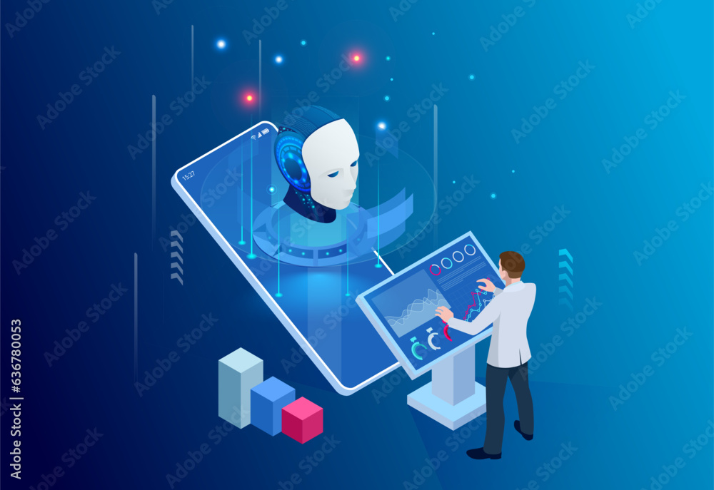 Poster isometric artificial intelligence, knowledge expertise intelligence learn. internet connect chat, ch