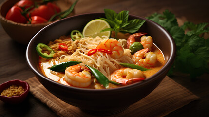 A bowl of laksa Sarawak, a popular Malaysian noodle soup, is made with vermicelli, shrimp, chicken...