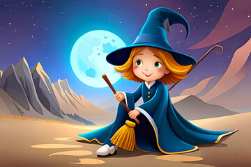 Cute Halloween witch with broom Illustration. Ai Generative