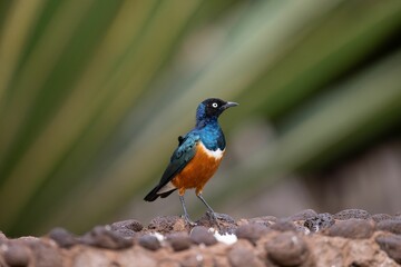 Small Superb starling bird perched on a rocky outcropping next to a lush green plant