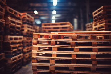 Wooden pallets stacked in a warehouse on blurred background. Generative AI