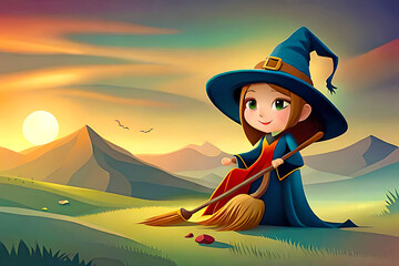 Cute Halloween witch with broom Illustration. Ai Generative