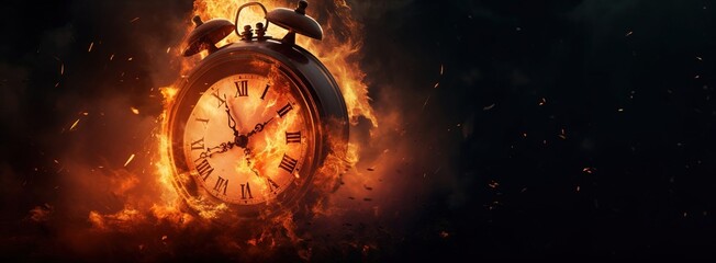The clock is on fire, time is burning, copy space. Created using generative artificial intelligence technology.