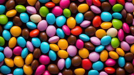 Fototapeta na wymiar Pile of colorful chocolate coated candies. AI generated
