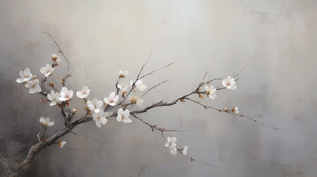  a painting of a branch with white flowers on a gray background.  generative ai