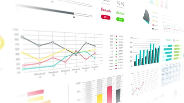 Colorful infographics interface moving in perspective, showing graph, bar chart, pie chart and tables. Animation perfect for financial and business background presentation.