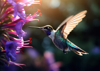 Fototapeta premium A hummingbird in flight in close-up, against a background of a tropical colorful forest and plants drinking flower nectar. 